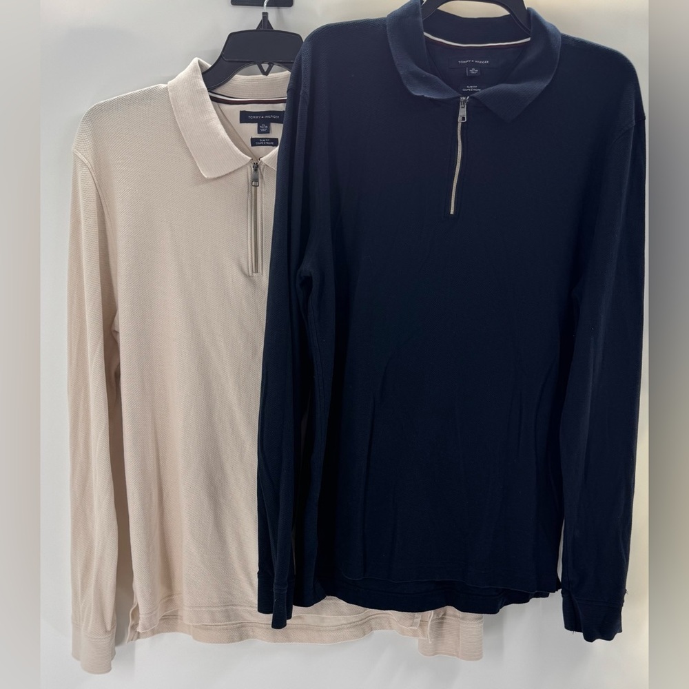 Men's Long Sleeve Polo Shirts - Navy and Cream